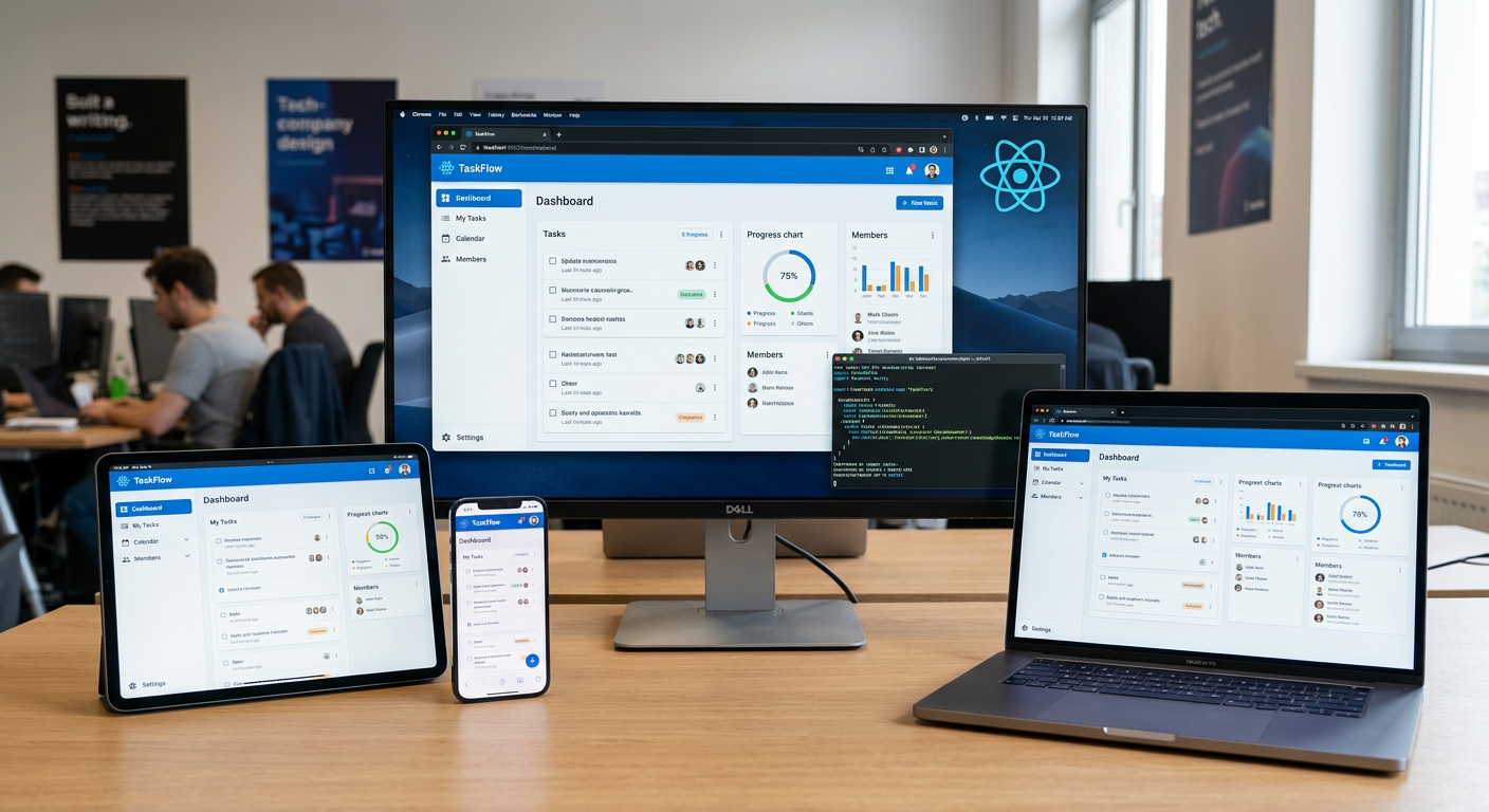 Task management dashboard with tasks, progress charts, and member lists shown on a desktop monitor, laptop, tablet, and smartphone